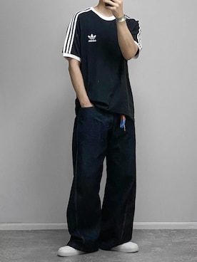 「adidas Originals（アディダスオリジナルス）のadidas Originals/アディダス オリジナルス 3STRIPES S/S TEE Tシャツ/半袖Tシャツ（Tシャツ/カットソー、ブラック系）」を使った、gakuさん（メンズ・173cm）の夏コーディネート