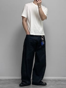「WYM LIDNM（ウィム バイ リドム）のVINTAGE WASHED CURVED DENIM（デニムパンツ、ブルー系）」を使った、gakuさん（メンズ・173cm）の春コーディネート