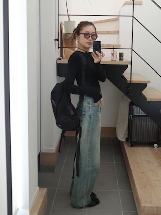 「LA PEAU DE GEM（ラポドゥジェム）の【LA PEAU DE GEM】high waist straight denim pants sand beige/ハイウエストストレートデニムパンツサンドベージュ（デニムパンツ）」を使った、yanさん（レディース・160cm）の春コーディネート