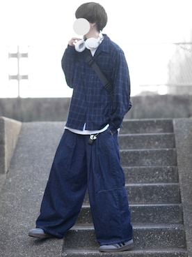 「DOOPZ（ドープス）のOMBRE CHECK OPEN COLLAR SHIRT - オンブレチェックオープンカラーシャツ（シャツ/ブラウス、ブルー系）」を使った、とっしーさん（メンズ・184cm）の夏コーディネート