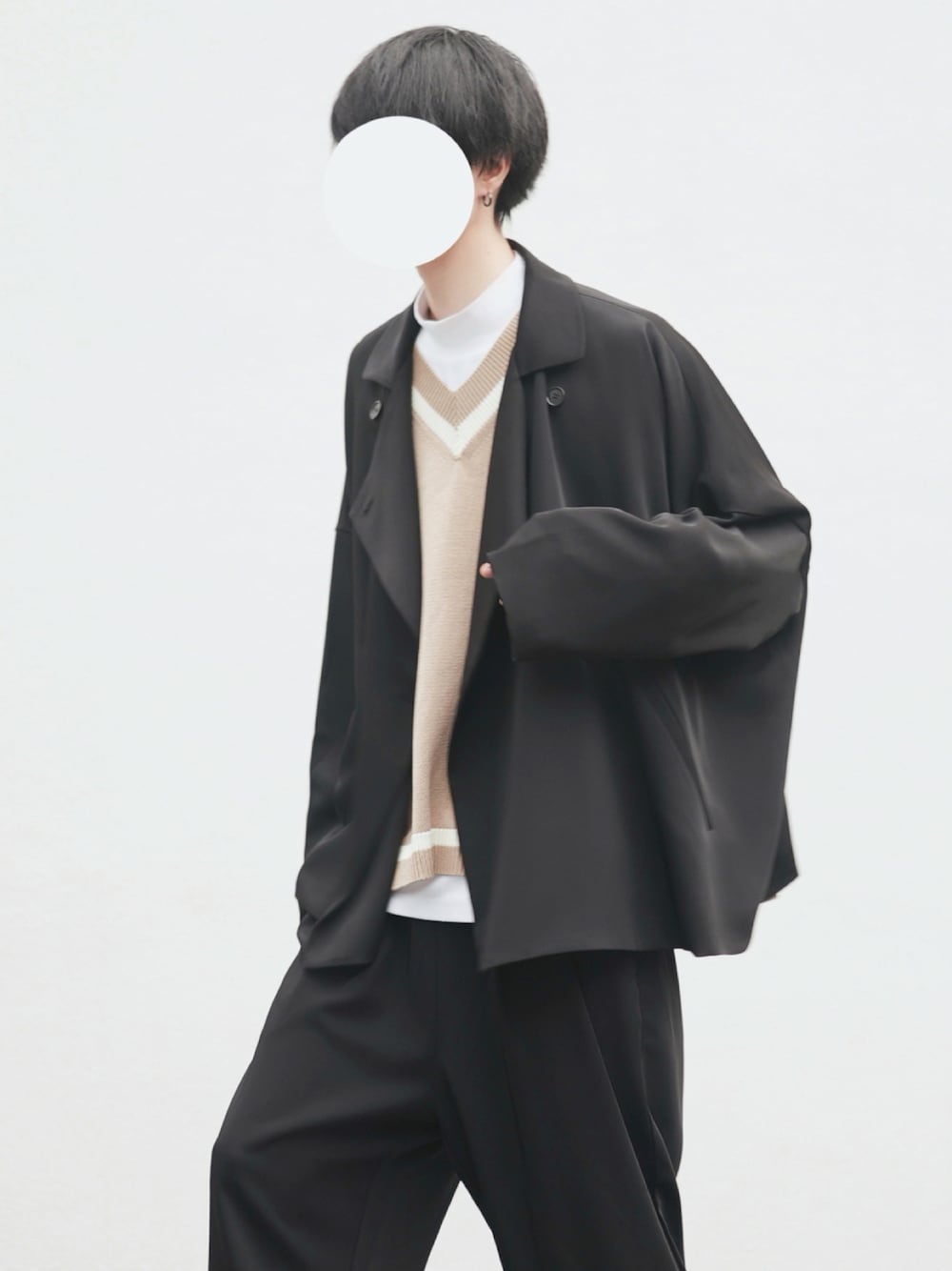 「きれいめカジュアル、だから秋服が好き、セットアップ、ニットベスト」｜「DOOPZのLoose lapel double jacket-ルーズラペルダブルジャケット（その他アウター、ブラック系）」を使った、とっしーさん（メンズ・184cm）の秋コーディネートの1枚目の写真