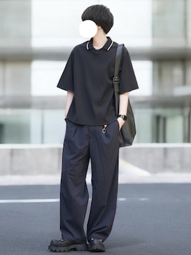 「HARE（ハレ）の【SET UP対応】3ディメンションワイドパンツ(HARE)（スラックス、ブルー系）」を使った、とっしーさん（メンズ・184cm）の夏コーディネート