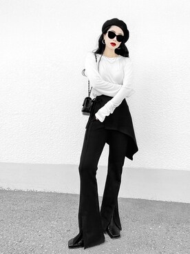「スリットパンツ」｜「アイテム（ハンチング/ベレー帽）」を使った、Aiさん（レディース・163cm）の秋コーディネート