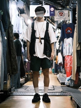 「MINNANOのアイテム（Tシャツ/カットソー、ホワイト系）」を使った、natsukiさん（メンズ・187cm）の夏コーディネート