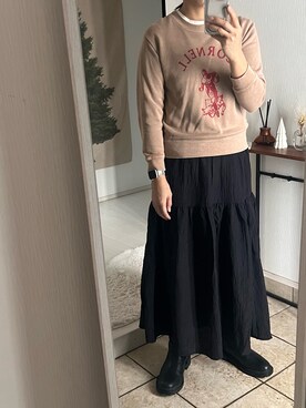 「yuw（ユウ）のＣＯＲＮＥＬＬ　スウェット　952729（スウェット、ベージュ系）」を使った、Rさん（レディース・160cm）の冬コーディネート