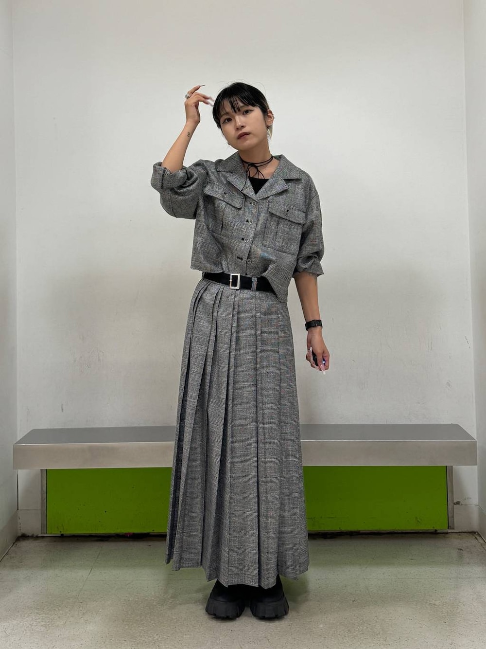 「低身長、JEANASIS」｜「JEANASISの【SET UP対応】ラメチェックカイキンシャツジャケット/145536（シャツ/ブラウス、グレー系）」を使った、ミサ(JEANASiS)さん（レディース・155cm）の夏コーディネートの1枚目の写真