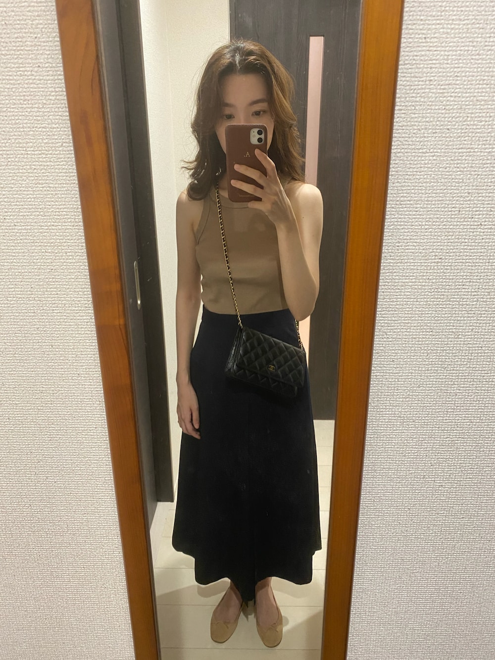 「休日コーデ、お出かけコーデ、今日のコーデ、キレイめコーデ、大人かわいい、大人ガーリー、秋のコーデ、ガーリー、ootd、outfit、バレエシューズ、スカート、アメスリ、エレガント、オトナカジュアル」｜「Bou Jeloudの【WEB限定】アメスリタンク（タンクトップ、ブラウン系）」を使った、ayaさん（レディース・164cm）の夏コーディネートの1枚目の写真