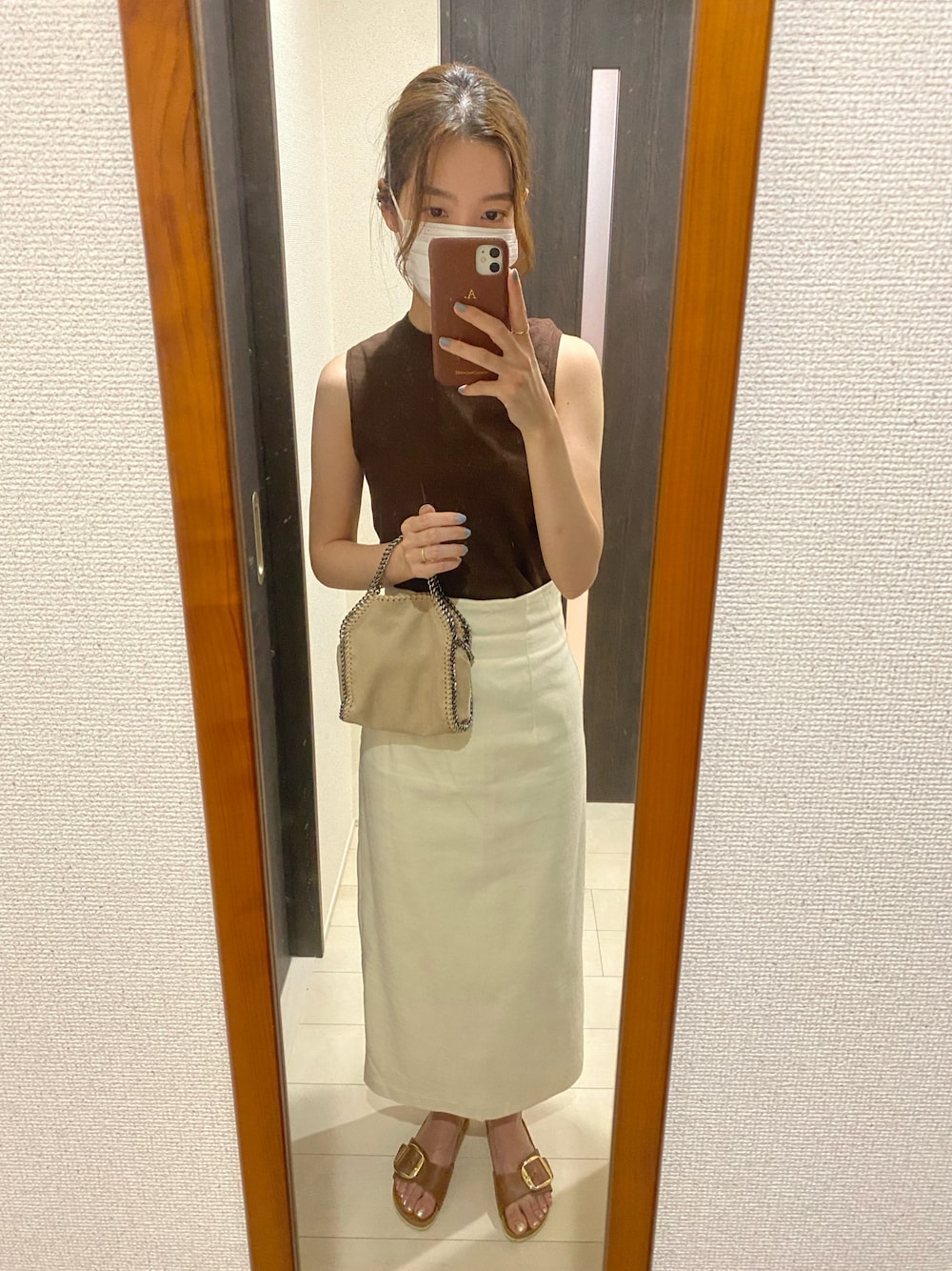 「大人カジュアル、楽チンコーデ、秋服、おしゃれさんと繋がりたい、秋コーデ、シンプル、今日のコーデ、大人かわいい、プチプラ、ラクチンコーデ、サンダル、プチプラコーデ、高身長女子、ハイウエスト、ワンピース」｜「AZUL by moussyのアイテム（ニット/セーター、ブラウン系）」を使った、ayaさん（レディース・164cm）の夏コーディネートの1枚目の写真