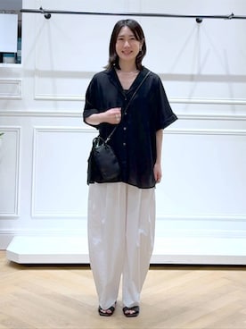 「A part by（アパートバイ）の【接触冷感】シアーオープンカラーシャツ（シャツ/ブラウス、ブラック系）」を使った、なかみさん（レディース・155cm）の夏コーディネート