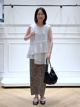 「A part by（アパートバイ）のプリーツイージータイトスカート2（スカート、ベージュ系）」を使った、なかみさん（レディース・155cm）の夏コーディネート