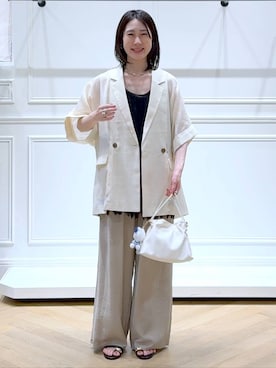「A part by（アパートバイ）のキンチャクミニショルダバッグ（ショルダーバッグ、ホワイト系）」を使った、なかみさん（レディース・155cm）の夏コーディネート