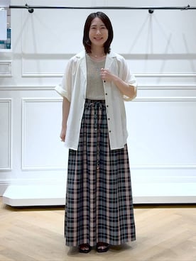「A part by（アパートバイ）のシアーオープンカラーシャツ（シャツ/ブラウス、ホワイト系）」を使った、なかみさん（レディース・155cm）の夏コーディネート