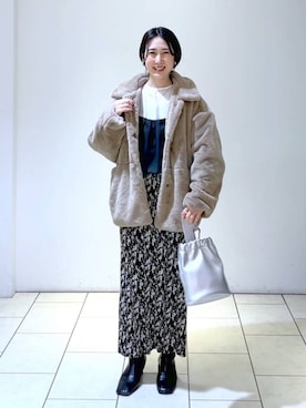 「e/rm（イーアールエム）のファージャケット（その他アウター）」を使った、なかみさん（レディース・154cm）の冬コーディネート