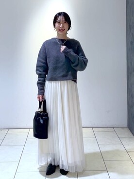「A part by（アパートバイ）の≪追加3≫ラメチュールプリーツスカート（スカート）」を使った、なかみさん（レディース・154cm）の冬コーディネート