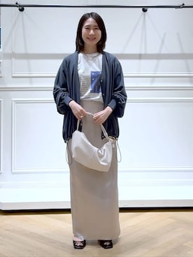 「A part by（アパートバイ）のドロストビッグVカーディガン（カーディガン/ボレロ、グレー系）」を使った、なかみさん（レディース・155cm）の夏コーディネート