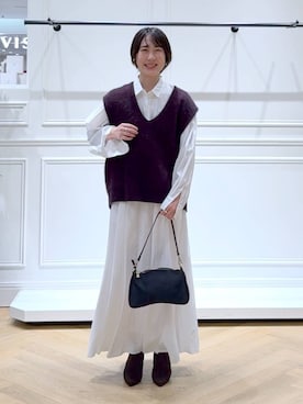 「アイテム（ベスト、レッド系）」を使った、なかみさん（レディース・154cm）の秋コーディネート