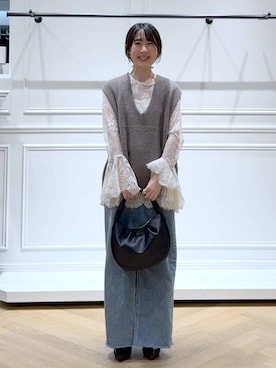 「アイテム（デニムスカート）」を使った、なかみさん（レディース・154cm）の秋コーディネート