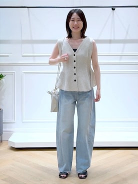 「A part by（アパートバイ）のブークレペプラムニットノースリーブ（ベスト、ホワイト系）」を使った、なかみさん（レディース・155cm）の夏コーディネート
