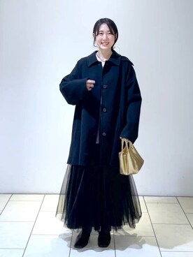「A part by（アパートバイ）のアイテム（ステンカラーコート、ブラック系）」を使った、なかみさん（レディース・154cm）の冬コーディネート