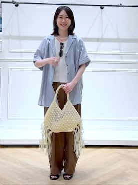 「A part by（アパートバイ）のマクラメフリンジバッグ（ハンドバッグ、ホワイト系）」を使った、なかみさん（レディース・155cm）の夏コーディネート