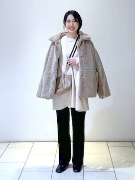 「e/rm（イーアールエム）のファージャケット（その他アウター）」を使った、なかみさん（レディース・154cm）の冬コーディネート