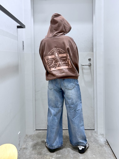 ブラウン グラフィック フルジップフーディ　エックスガール PIGMENT DYED FACE LABEL ZIP UP SWEAT HOODIE（パーカー）｜X