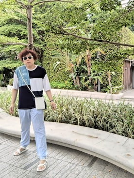 「SUPER（スーパー）のアイテム」を使った、Panda Ngさん（メンズ・180cm）の夏コーディネート