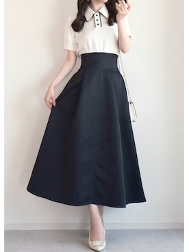 「Her lip to（ハーリップトゥー）のHigh Waist Satin Volume Skirt（Skirt、ブラック系）」を使った、❁︎ yuiko ❁︎さん（レディース・160cm）の夏コーディネート