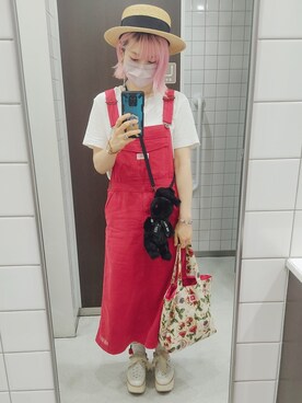 「カンカン帽」｜「アイテム（ジャンパースカート）」を使った、いおさん（レディース・161cm）の夏コーディネート
