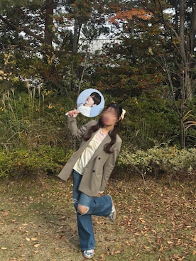 「UNIQLO（ユニクロ）のアイテム（テーラードジャケット、ブラウン系）」を使った、twumamonさん（レディース・153cm）の春コーディネート