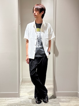 「ABAHOUSE GRAY（アバハウスグレイ）の【リネンライク】吸水速乾 半袖シャツ（シャツ/ブラウス、ホワイト系）」を使った、★たか★さん（メンズ・178cm）の夏コーディネート