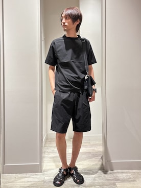 「ABAHOUSE GRAY（アバハウスグレイ）の【セットアップ対応】360°ストレッチ リップストップ リラックス Tシャツ/ 吸水速乾 / 遮熱 / UVカット（Tシャツ/カットソー、ブラック系）」を使った、★たか★さん（メンズ・178cm）の夏コーディネート