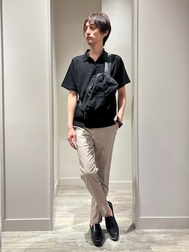 「ABAHOUSE GRAY（アバハウスグレイ）のブークレー スキッパーポロ（ポロシャツ、ブラック系）」を使った、★たか★さん（メンズ・178cm）の春コーディネート