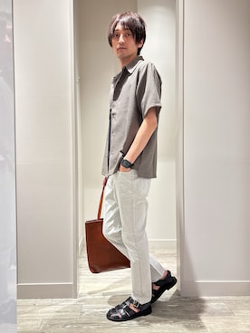 「ABAHOUSE GRAY（アバハウスグレイ）の【リネンライク】吸水速乾 半袖シャツ（シャツ/ブラウス、ブラウン系）」を使った、★たか★さん（メンズ・178cm）の春コーディネート