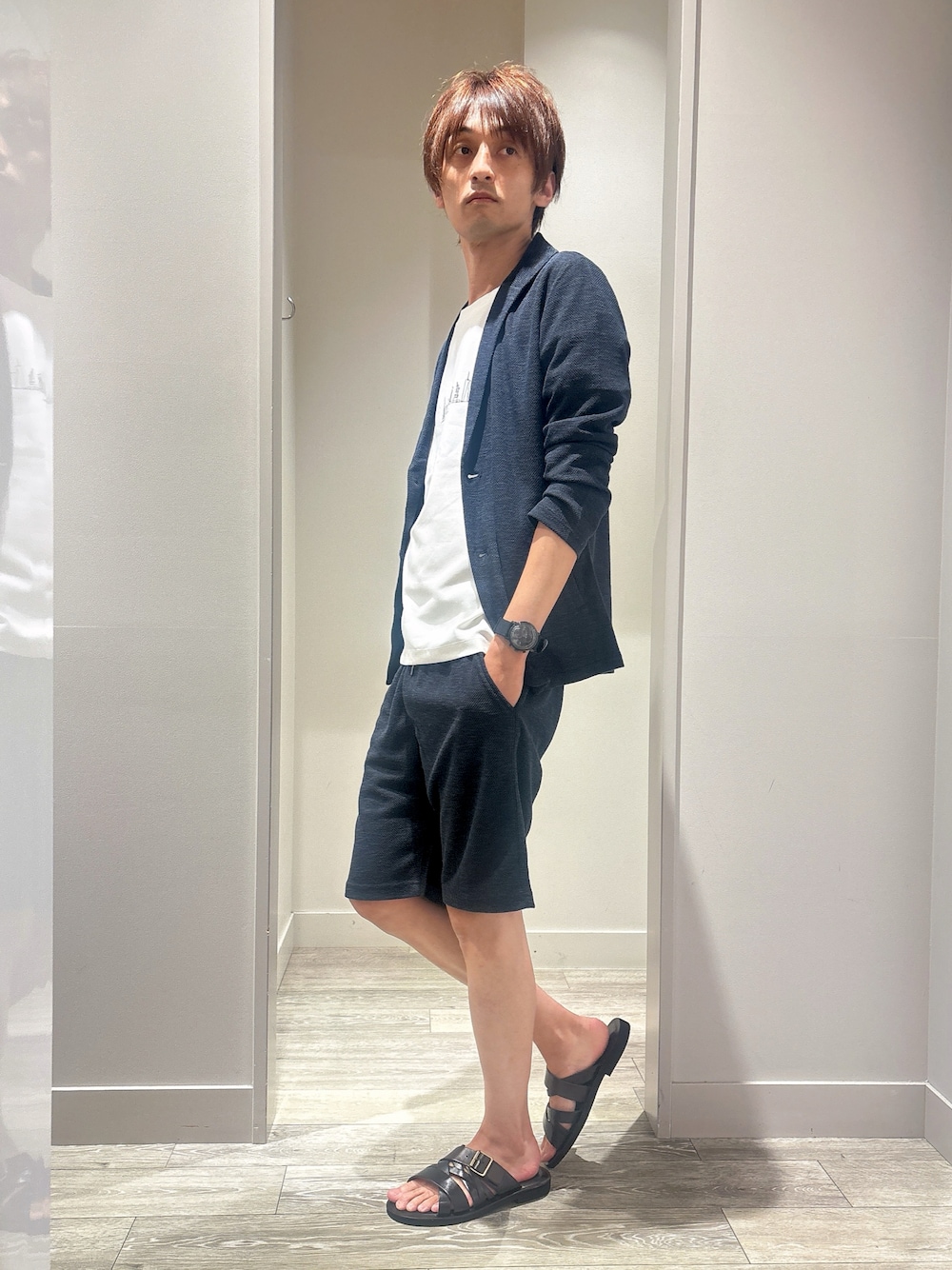 「ABAHOUSE GRAYの【サマーニット】バーズアイ ショールカラー ジャケット / ニットジャケット（ブルゾン、ブルー系）」を使った、★たか★さん（メンズ・178cm）の夏コーディネートの1枚目の写真