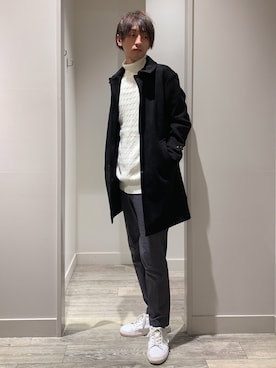 「ケーブルニット」｜「アイテム（ステンカラーコート）」を使った、★たか★さん（メンズ・178cm）の冬コーディネート