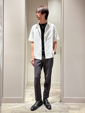 「ABAHOUSE GRAY（アバハウスグレイ）の【リネンライク】吸水速乾 半袖シャツ（シャツ/ブラウス、ホワイト系）」を使った、★たか★さん（メンズ・178cm）の春コーディネート