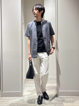 「ABAHOUSE GRAY（アバハウスグレイ）の【リネンブレンド】バンドカラー ハーフスリーブ シャツ（シャツ/ブラウス、グレー系）」を使った、★たか★さん（メンズ・178cm）の夏コーディネート