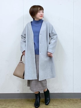 「ブルーニット」｜「アイテム（ノーカラーコート）」を使った、yasuno.【GLOBALWORK】さん（レディース・162cm）の秋コーディネート