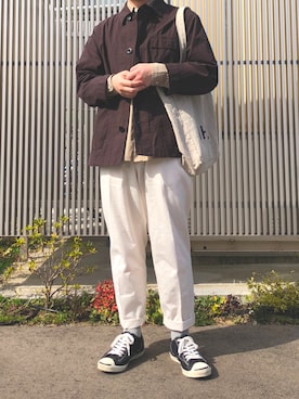 「MHL.（エムエイチエル）のアイテム（ジャケット/アウター）」を使った、まる。さん（メンズ・169cm）の春コーディネート