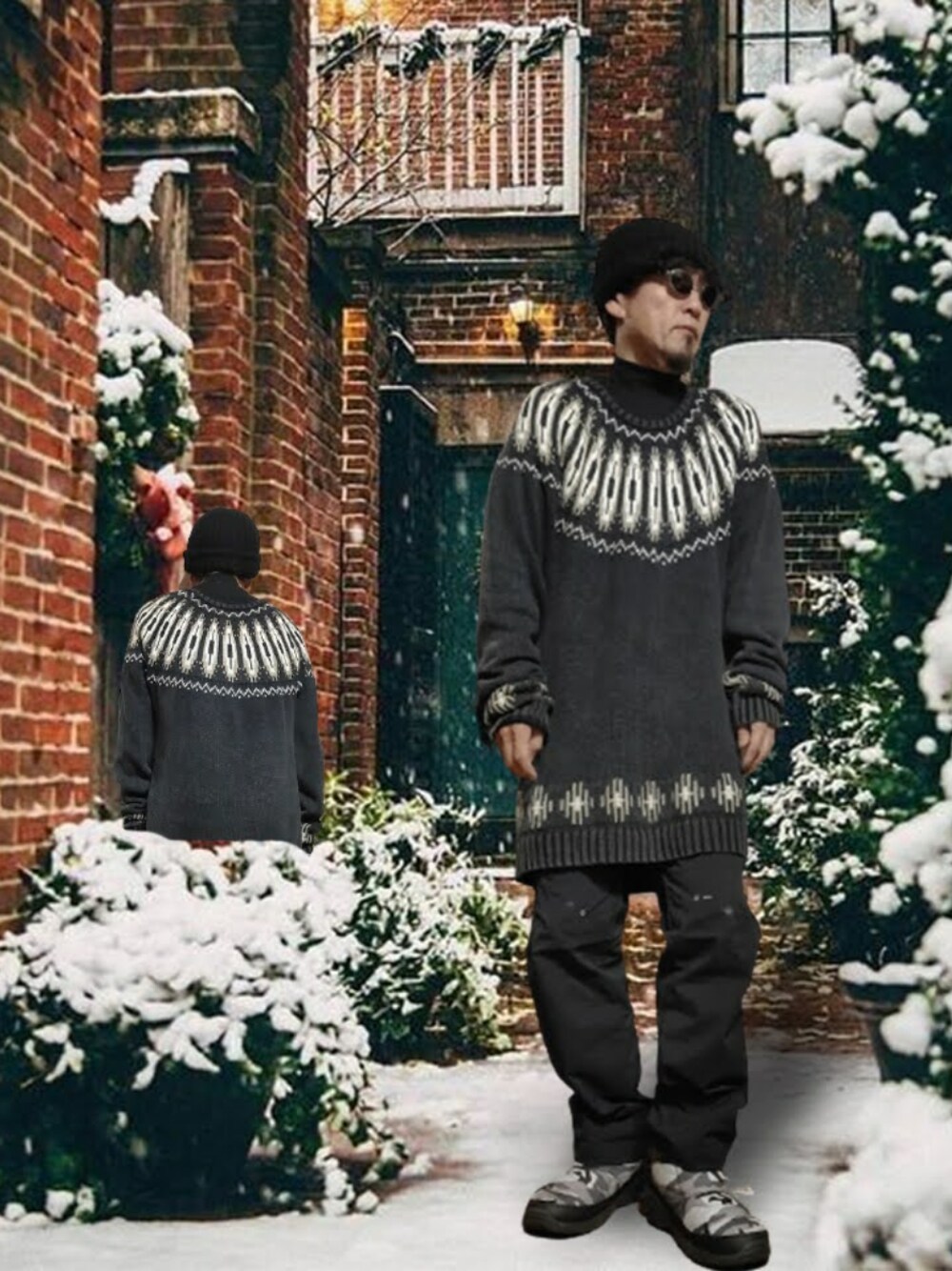 「ノルディック柄、ノルディックセーター、ノルディックニット、ノルディック、クリスマスに着たい服、秋冬コーデ、オーバーサイズニット、カーゴパンツ、スノーブーツ、カモフラ、ニット帽、ニット、ブラック×ホワイト、白黒、相互フォロー」｜「VINTAGEのアイテム（ニット/セーター、ブラック系）」を使った、msg1961さん（メンズ・170cm）の冬コーディネートの1枚目の写真