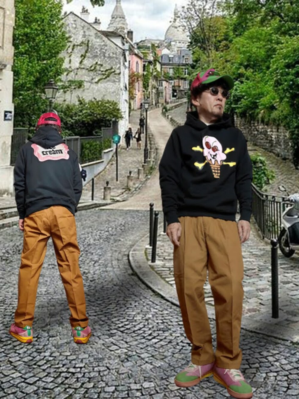 「ロゴスウェット、ロゴパーカー、ロゴ、パーカー、プリントスウェット、バックプリント、チノパン、ワイドパンツ、タックパンツ、スニーカー、レースアップシューズ、ストリート、アメカジ、キャップ、裏原」｜「BILLIONAIRE BOYS CLUBのアイテム（パーカー、ブラック系）」を使った、msg1961さん（メンズ・170cm）の春コーディネートの1枚目の写真