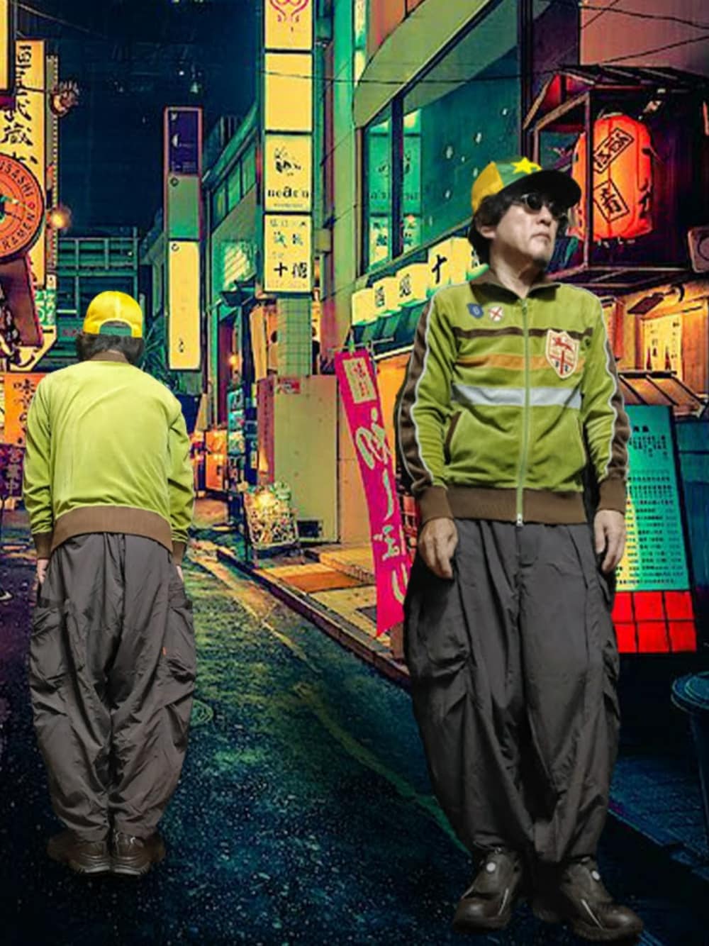 「ジャージ、トラックジャケット、古着、カーゴパンツ、ワイドパンツ、ナイロンパンツ、スニーカー、古着MIX、キャップ、メッシュキャップ、ブラウン×グリーン、イエロー、ストリート、裏原、y2k」｜「VINTAGEのアイテム（ジャージ、グリーン系）」を使った、msg1961さん（メンズ・170cm）の秋コーディネートの1枚目の写真