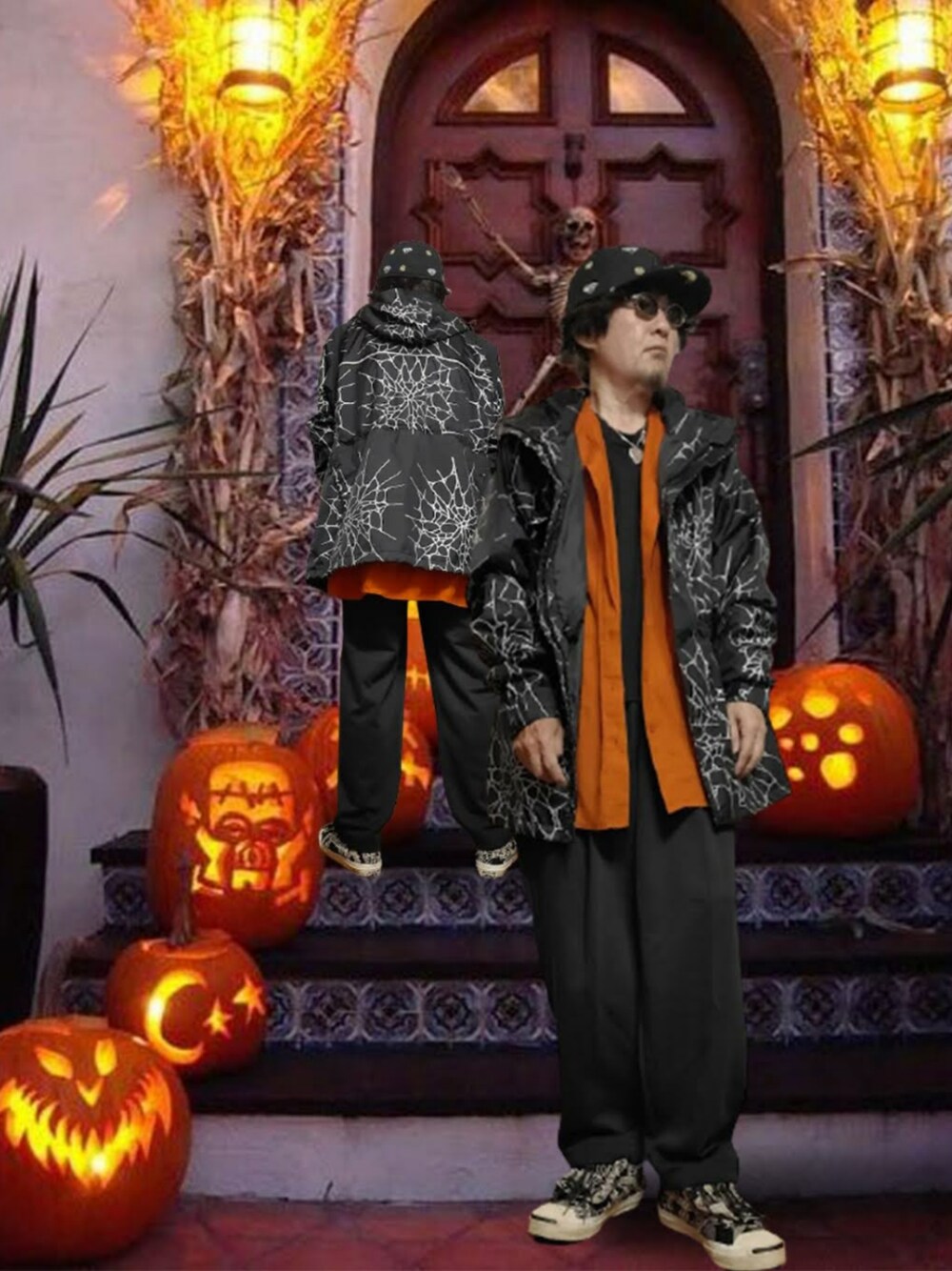 「ブラック、キャップ、ストリート、ハロウィン、オレンジ、ナイロンジャケット、ジャックパーセル、ナンバーナイン(NUMBER (N)INE)、裏原、オレンジ×ブラック、ハロウィンコーデ、wearhalloween2021」｜「NUMBER (N)INEの2000AW REDISUN期　スパイダージャケット（ナイロンジャケット、ブラック系）」を使った、msg1961さん（メンズ・170cm）の秋コーディネートの1枚目の写真