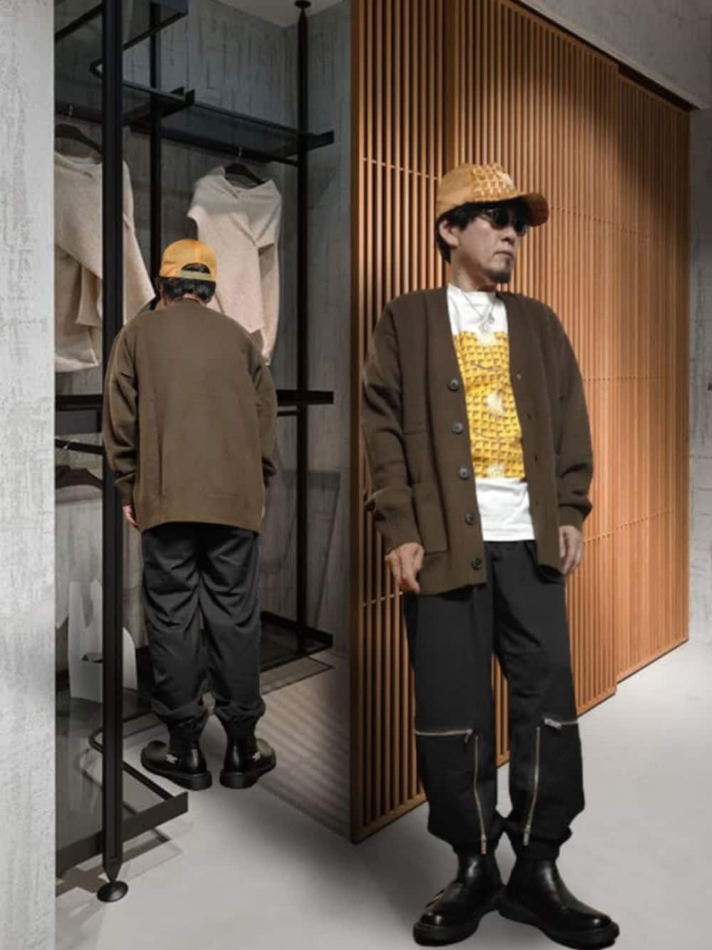 「ビッグシルエット、カーディガン、プリントT、白Tシャツ、カーゴパンツ、ジップ、ブーツイン、ブーツ、サイドゴアブーツ、キャップ、メッシュキャップ、ワッフル、相互フォロー、黒パンツ、ブラウン」｜「UNIQLOのアイテム（カーディガン/ボレロ、ブラウン系）」を使った、msg1961さん（メンズ・170cm）の冬コーディネートの1枚目の写真