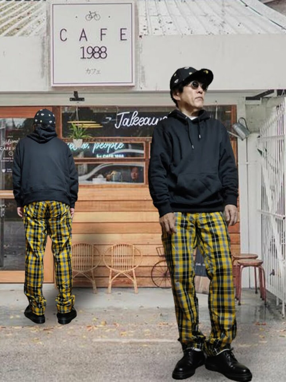 「チェックパンツ、スラックス、パーカー、パーカー 黒、革靴、Dr.Martens、キャップ、総柄キャップ、秋コーデ、UNIQLO、休日スタイル、カジュアルコーデ、秋、プチプラコーデ、相互フォロー」｜「UNIQLOのアイテム（パーカー、ブラック系）」を使った、msg1961さん（メンズ・170cm）の秋コーディネートの1枚目の写真