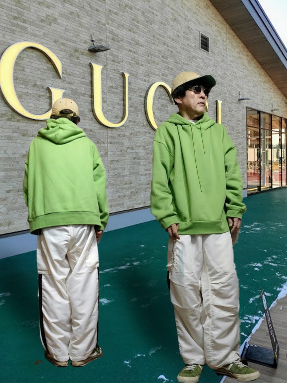 「パーカー、カーゴパンツ、ナイロンパンツ、ワイドパンツ、スニーカー、レザースニーカー、キャップ、グリーン×ホワイト、ストリート、裏原、y2k、モノトーンコーデ、オーバーサイズ、ゆるコーデ、相互フォロー」｜「STUDIO NICHOLSONのアイテム（パーカー、グリーン系）」を使った、msg1961さん（メンズ・170cm）の秋コーディネートの1枚目の写真