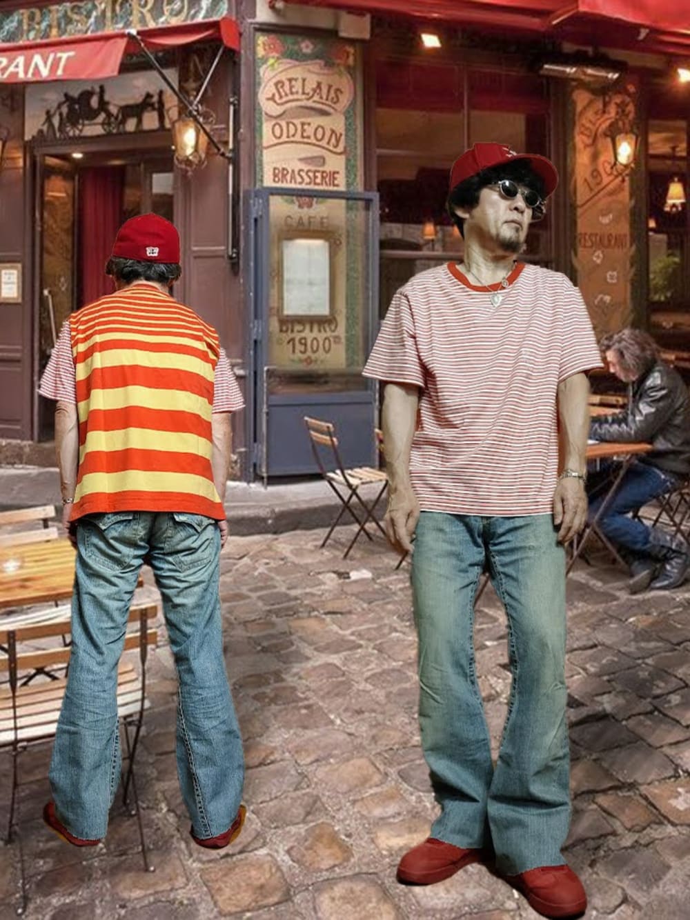 「Tシャツ、ボーダーTシャツ、クルーネックTシャツ、デニムパンツ、フレアデニム、ベルボトム、アイスブルー、ウォッシュデニム、スニーカー、レッド×ブルー、レッド×デニム、キャップ、ユニクロマルニ、UNIQLOMARNI、相互フォロー」｜「UNIQLOMARNIのアイテム（Tシャツ/カットソー、レッド系）」を使った、msg1961さん（メンズ・170cm）の夏コーディネートの1枚目の写真