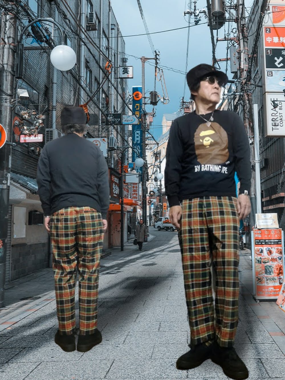 「ローファー、スエードシューズ、ロンT、ロゴT、エイプ、スラックス、チェックパンツ、マドラスチェック、キャップ、ワークキャップ、GU、beautiful people、y2k、ストリート、裏原」｜「A BATHING APEのアイテム（Tシャツ/カットソー、ブラック系）」を使った、msg1961さん（メンズ・170cm）の春コーディネートの1枚目の写真