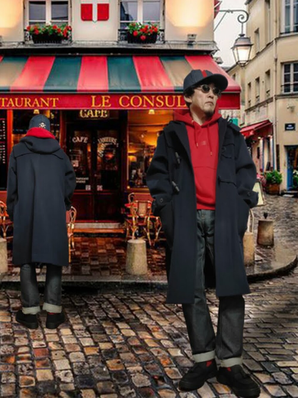 「ダッフルコート、ダッフルコート ネイビー、パーカー、パーカー 赤、デニムパンツ、生デニム、セルビッチデニム、ロールアップ、ローファー、ローファー×靴下、キャップ、ニューエラ、NEW ERA、プチプラ、ユニクロ+J」｜「UNIQLOのアイテム（ダッフルコート、ブルー系）」を使った、msg1961さん（メンズ・170cm）の冬コーディネートの1枚目の写真